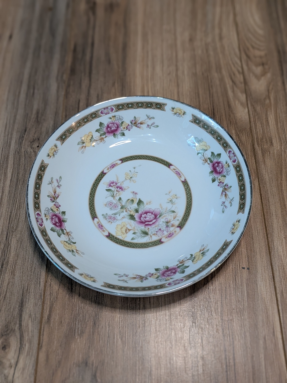 Vintage Floral Porcelain Serving Bowl in White with Pink Roses